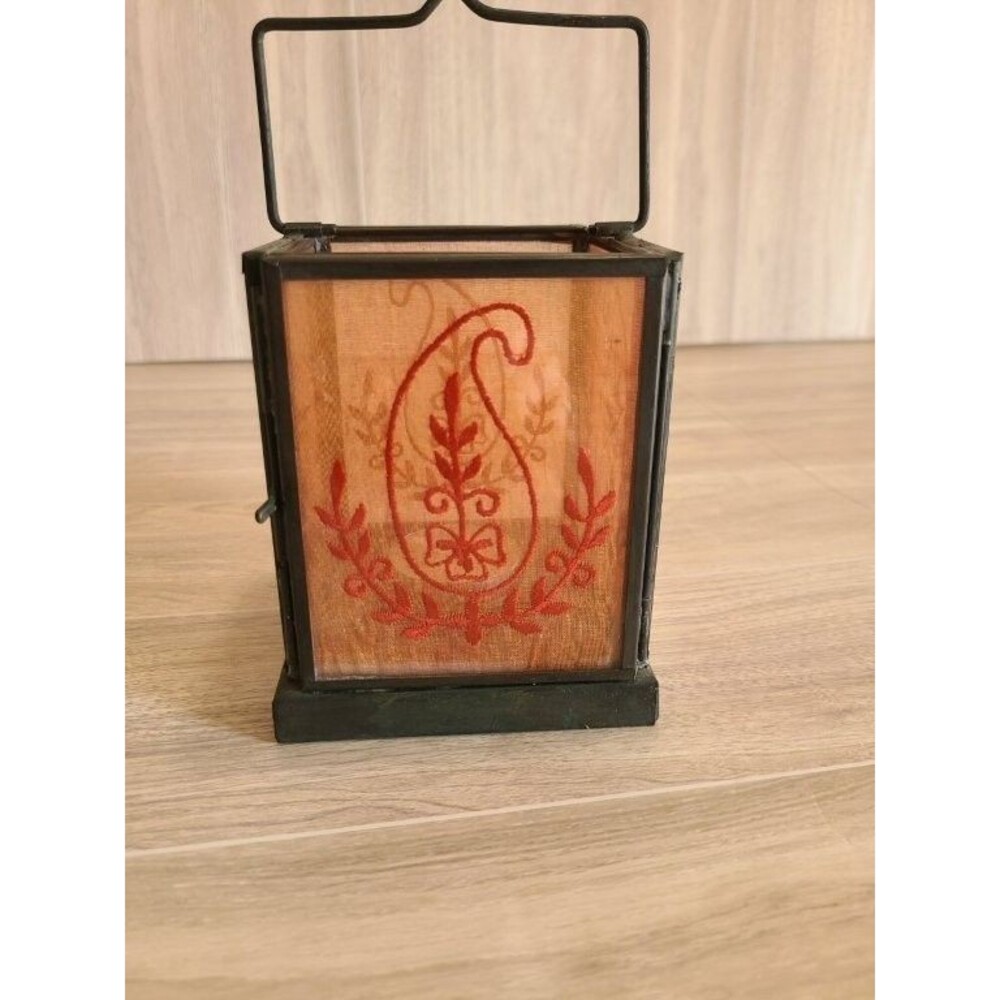 Boho Paisley Tea Light Lantern Metal Candle Holder Red Decorative Accent